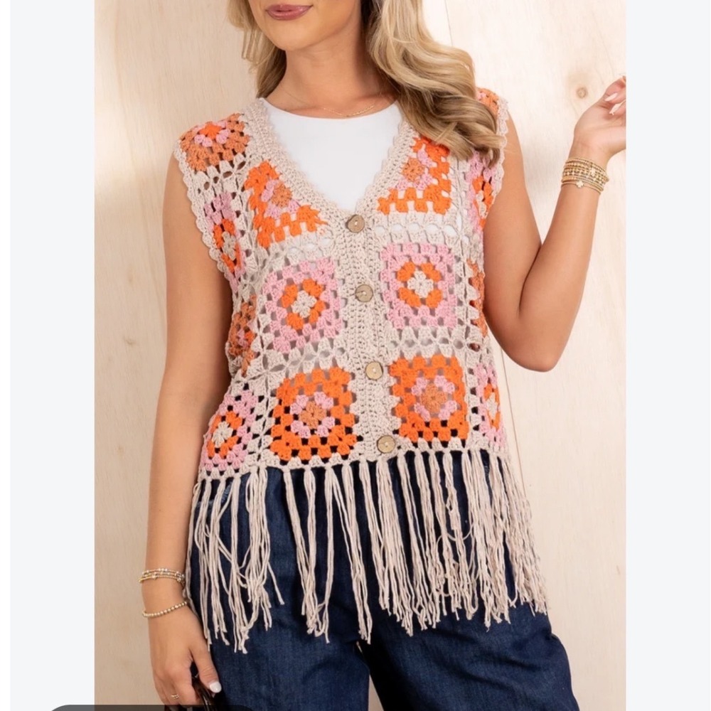 Umgee USA Womens Crochet Granny Square Fringe Vest Boho Multi Color Medium NWT